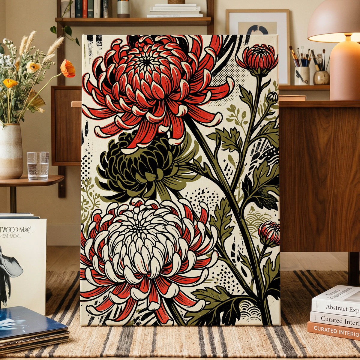 Crimson Chrysanthemums, red, black, beige floral wall art on canvas displayed in a styled interior, gallery view 1