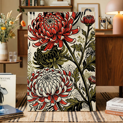 Crimson Chrysanthemums, red, black, beige floral wall art on canvas displayed in a styled interior, gallery view 1