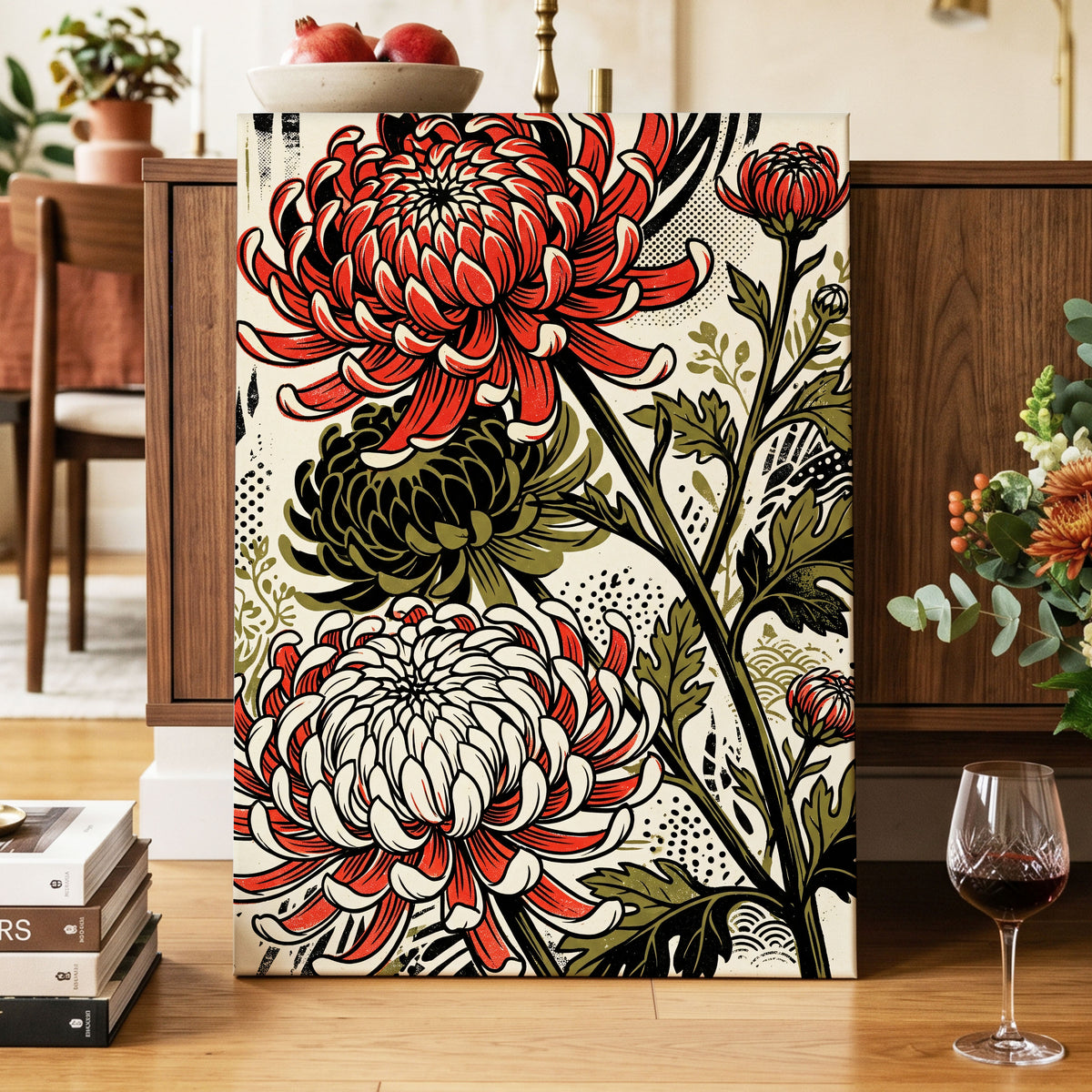 Crimson Chrysanthemums, red, black, beige floral wall art on canvas displayed in a styled interior, gallery view 2