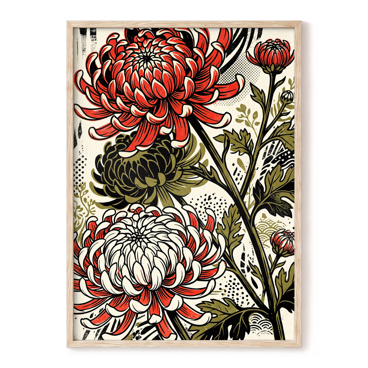 Crimson Chrysanthemums, red, black, beige floral wall art, front artwork view