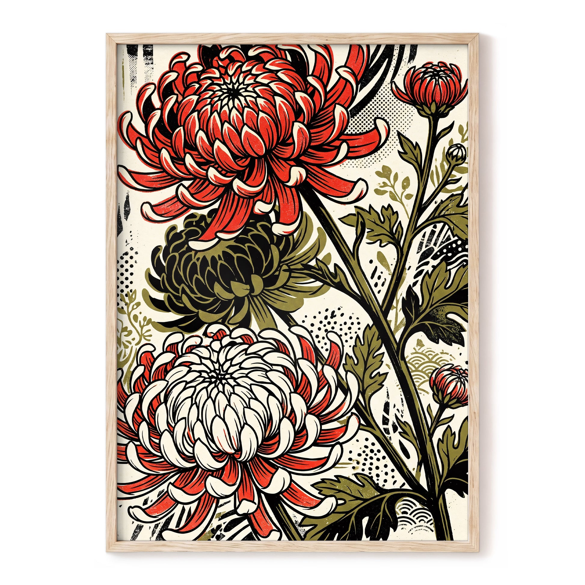 Crimson Chrysanthemums, red, black, beige floral wall art, front artwork view