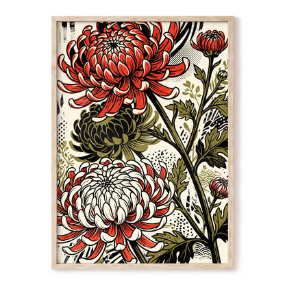 Crimson Chrysanthemums, red, black, beige floral wall art, front artwork view