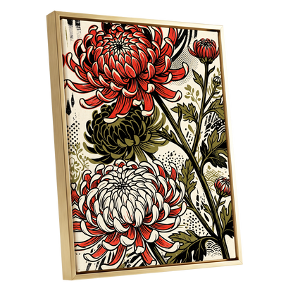 Crimson Chrysanthemums, red, black, beige floral wall art shown as a gold framed canvas wall art