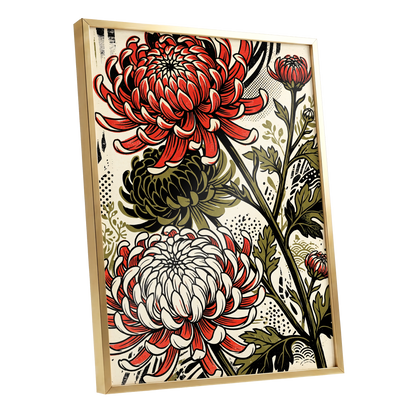 Crimson Chrysanthemums, red, black, beige floral wall art shown as a gold framed poster wall art print
