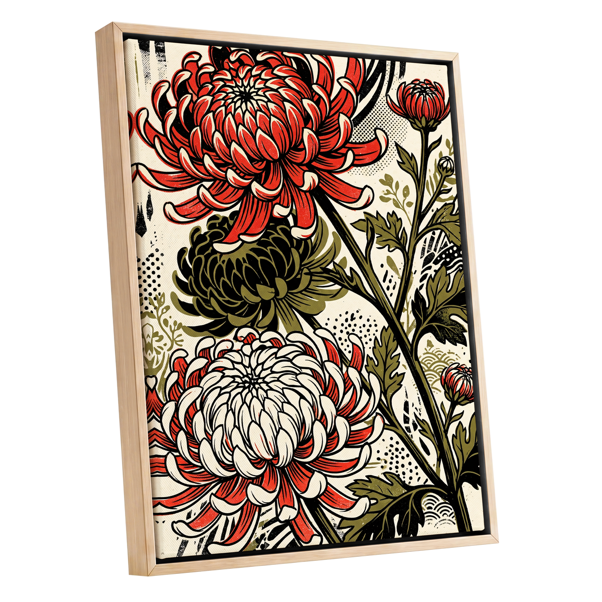Crimson Chrysanthemums, red, black, beige floral wall art shown as a oak framed canvas wall art