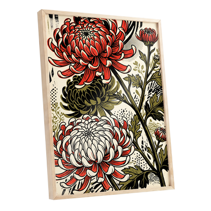 Crimson Chrysanthemums, red, black, beige floral wall art shown as a oak framed poster wall art print