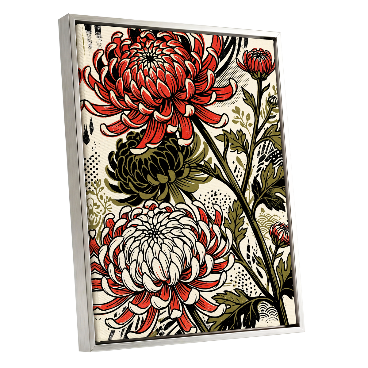 Crimson Chrysanthemums, red, black, beige floral wall art shown as a silver framed canvas wall art