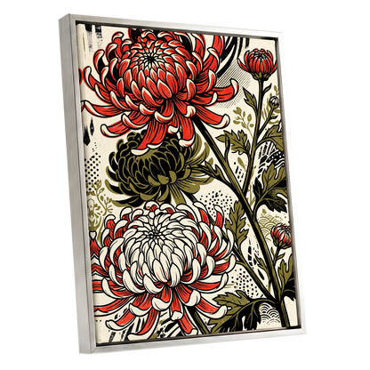 Crimson Chrysanthemums, red, black, beige floral wall art shown as a silver framed canvas wall art