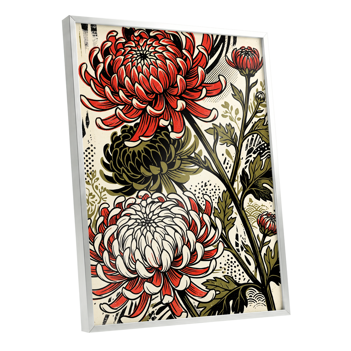 Crimson Chrysanthemums, red, black, beige floral wall art shown as a silver framed poster wall art print