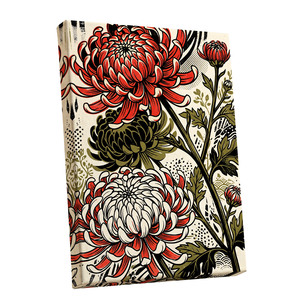 Crimson Chrysanthemums, red, black, beige floral wall art shown as a stretched canvas wall art