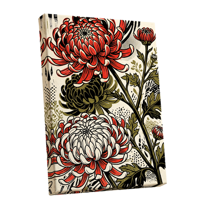 Crimson Chrysanthemums, red, black, beige floral wall art shown as a stretched canvas wall art