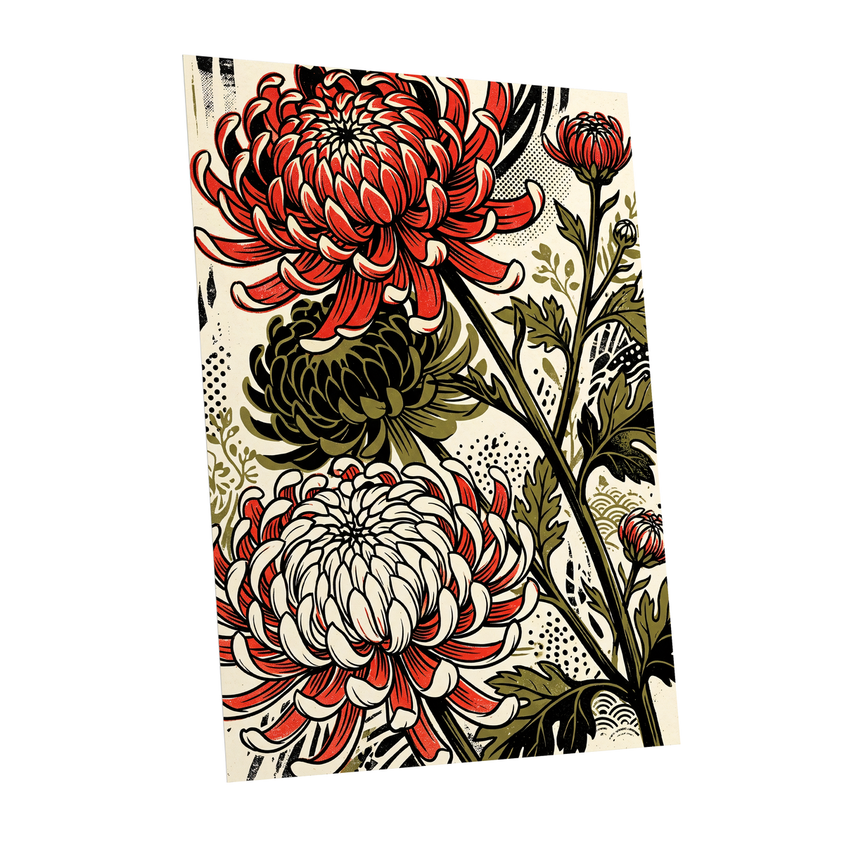 Crimson Chrysanthemums, red, black, beige floral wall art shown as a unframed poster wall art print