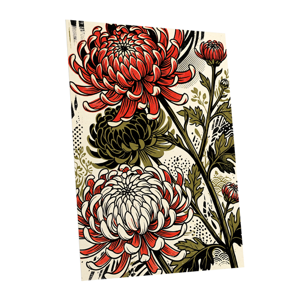 Crimson Chrysanthemums, red, black, beige floral wall art shown as a unframed poster wall art print