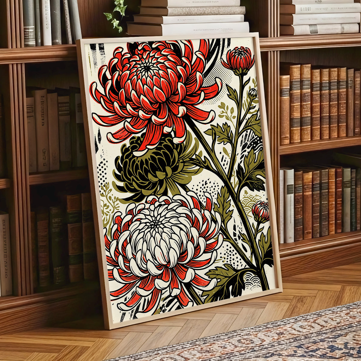 Crimson Chrysanthemums, red, black, beige floral wall art displayed in a styled interior, gallery view 1
