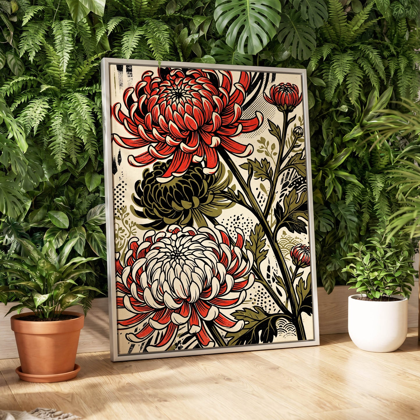 Crimson Chrysanthemums, red, black, beige floral wall art displayed in a styled interior, gallery view 2