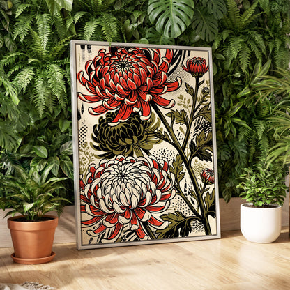 Crimson Chrysanthemums, red, black, beige floral wall art displayed in a styled interior, gallery view 2