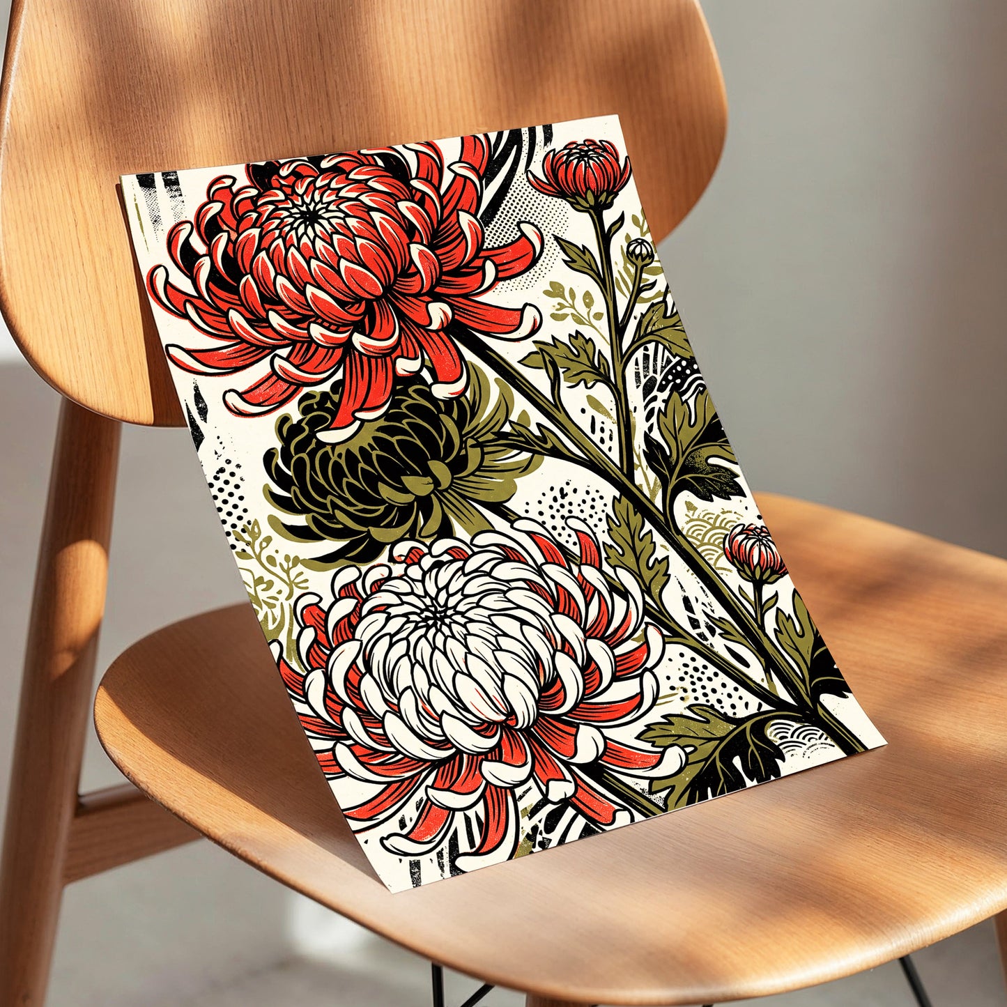 Crimson Chrysanthemums, red, black, beige floral wall art displayed in a styled interior, gallery view 3