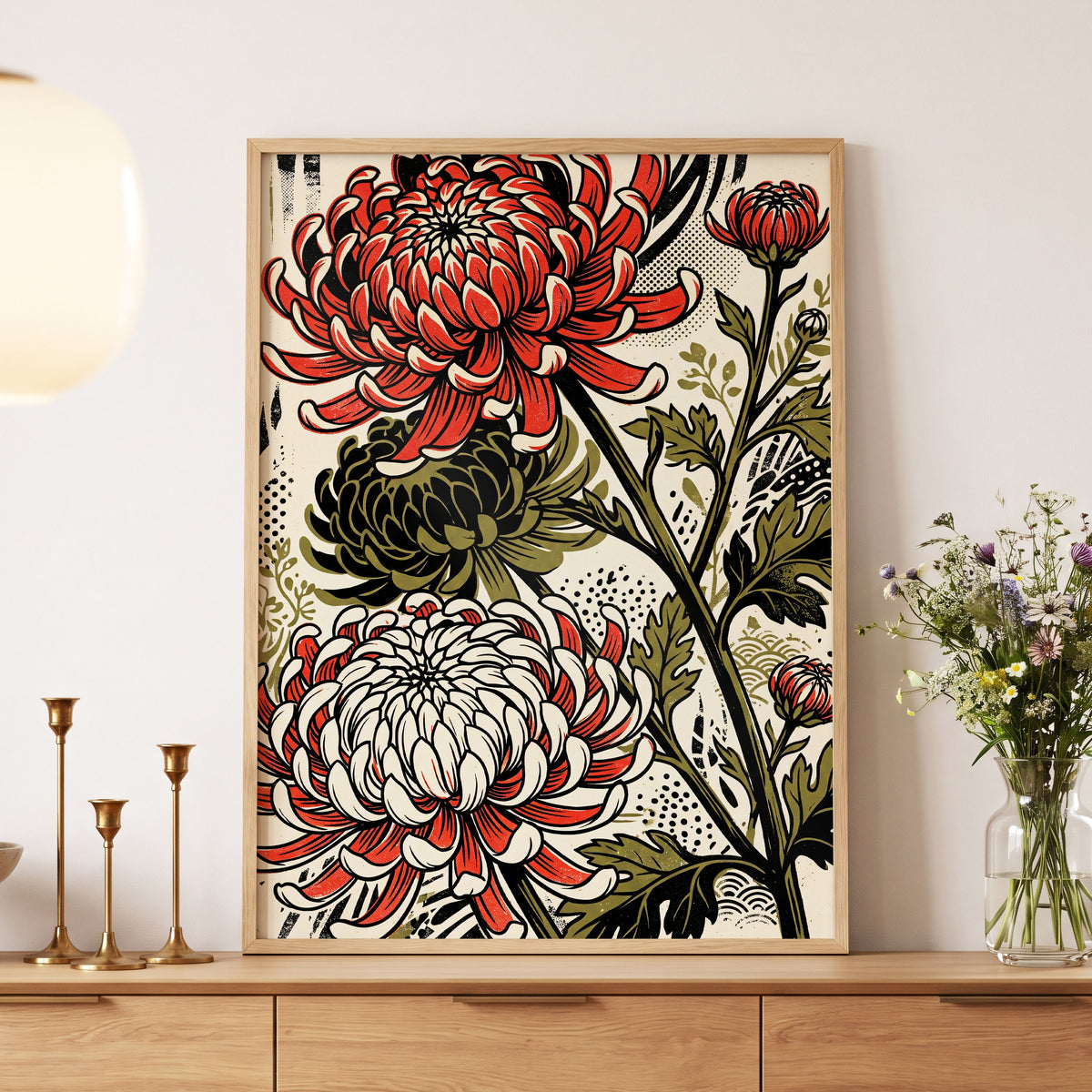 Crimson Chrysanthemums, red, black, beige floral wall art displayed in a styled interior, gallery view 4