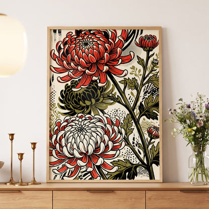 Crimson Chrysanthemums, red, black, beige floral wall art displayed in a styled interior, gallery view 4