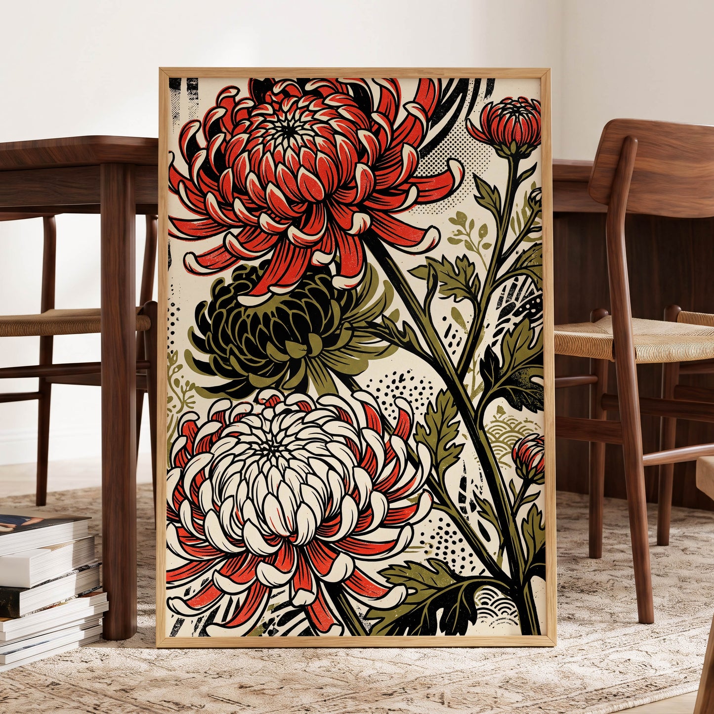 Crimson Chrysanthemums, red, black, beige floral wall art displayed in a styled interior, gallery view 5