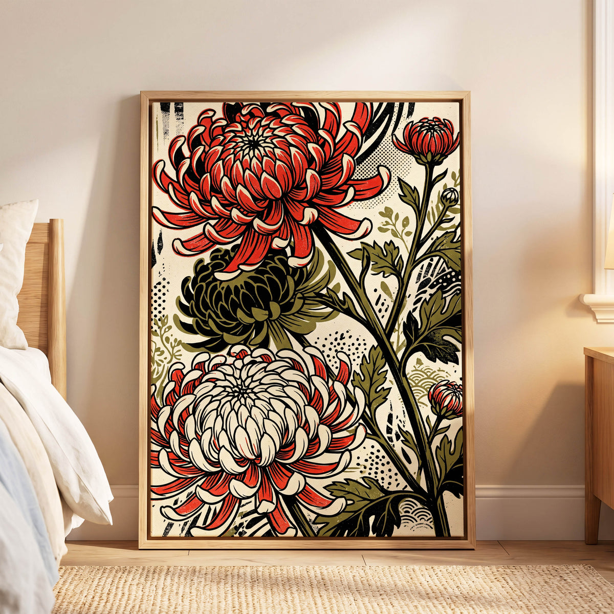 Crimson Chrysanthemums, red, black, beige floral wall art displayed in a styled interior, gallery view 6