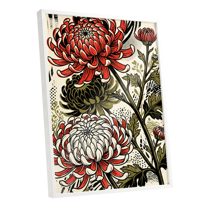 Crimson Chrysanthemums, red, black, beige floral wall art shown as a white framed poster wall art print