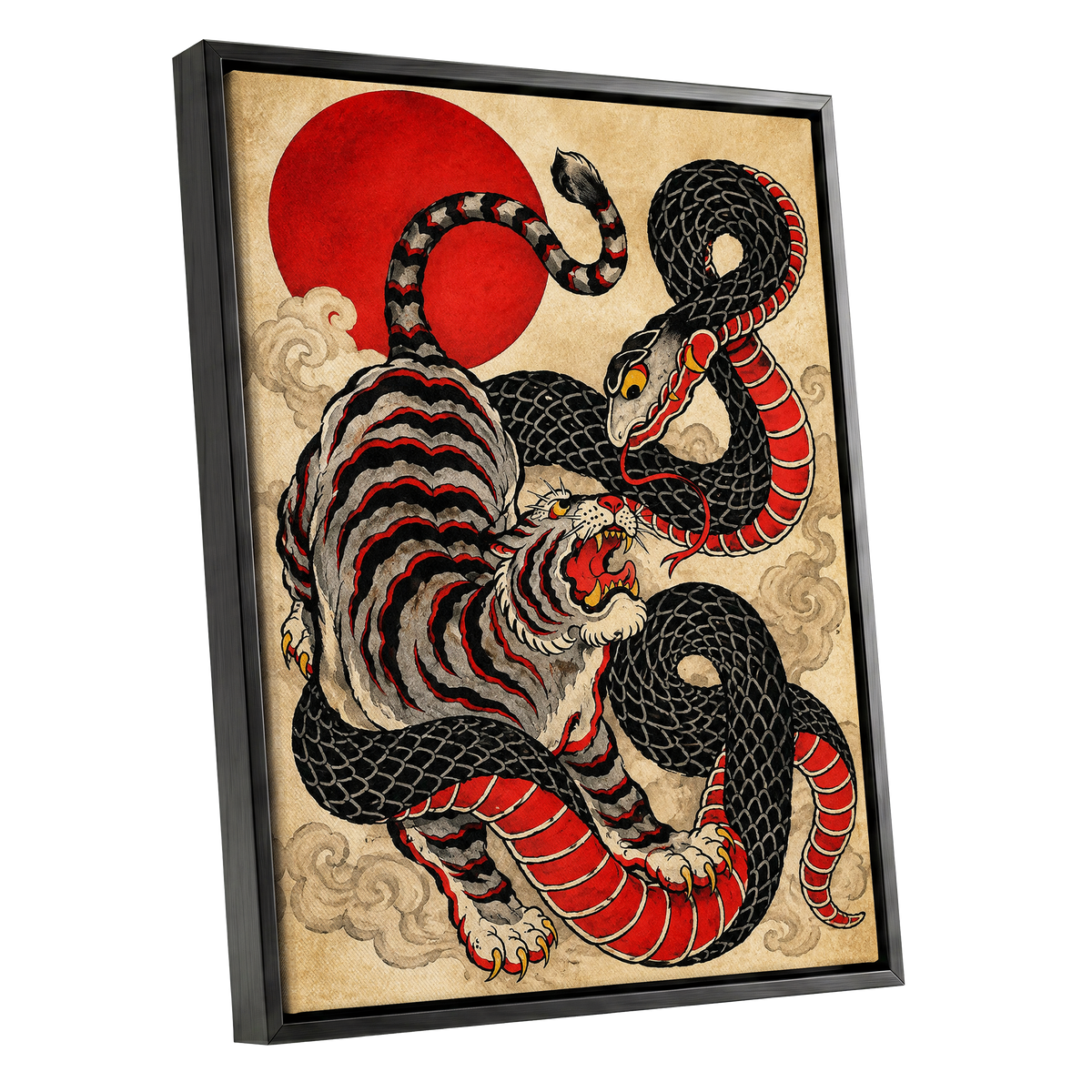 Crimson Coil Clash, black, red, beige nature wall art shown as a black framed canvas wall art