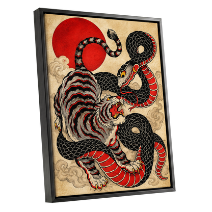 Crimson Coil Clash, black, red, beige nature wall art shown as a black framed canvas wall art