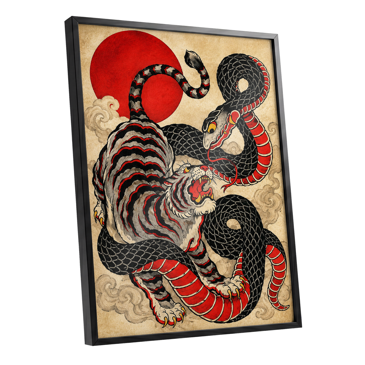 Crimson Coil Clash, black, red, beige nature wall art shown as a black framed poster wall art print