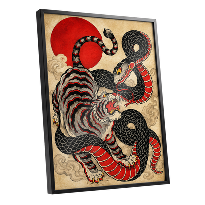 Crimson Coil Clash, black, red, beige nature wall art shown as a black framed poster wall art print