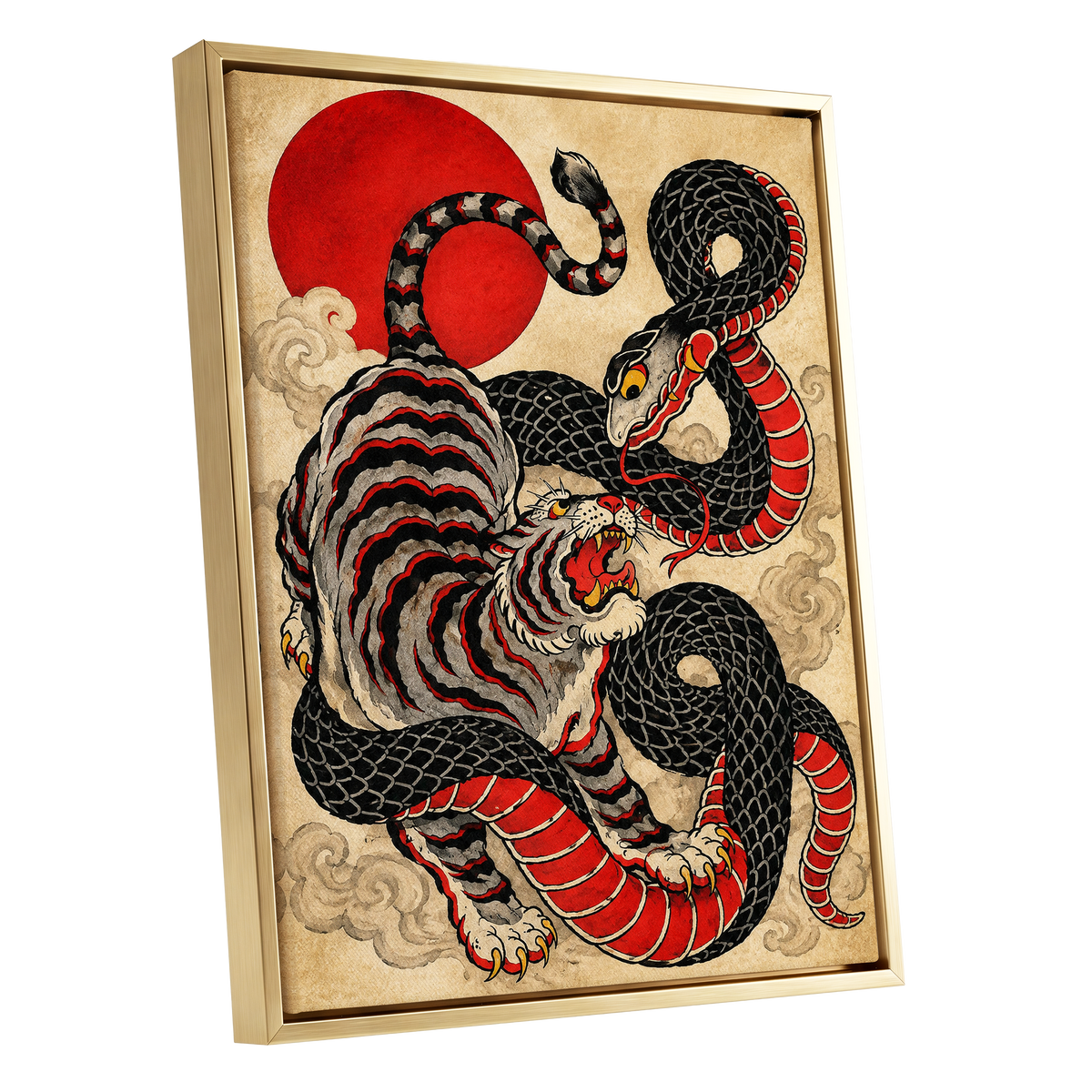 Crimson Coil Clash, black, red, beige nature wall art shown as a gold framed canvas wall art