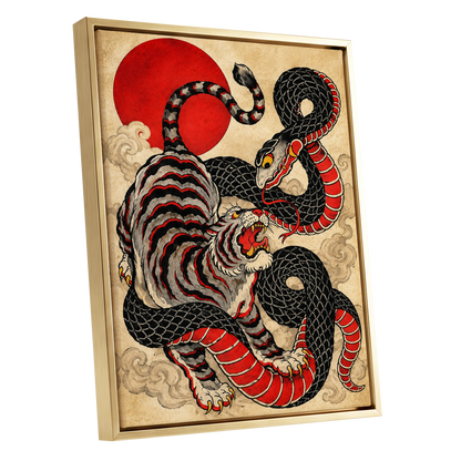 Crimson Coil Clash, black, red, beige nature wall art shown as a gold framed canvas wall art
