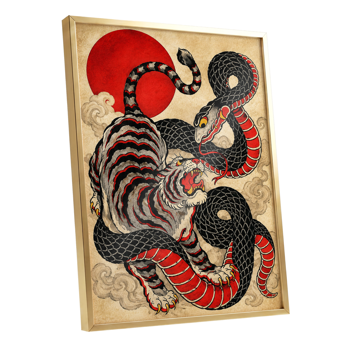 Crimson Coil Clash, black, red, beige nature wall art shown as a gold framed poster wall art print