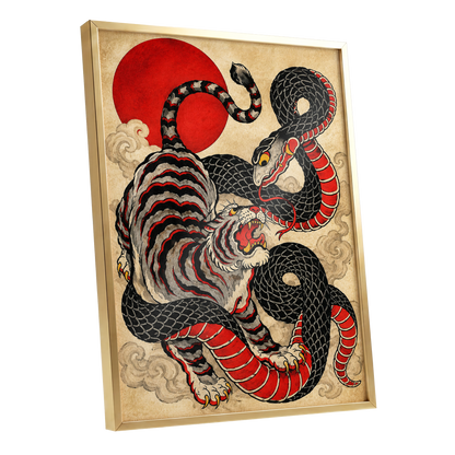 Crimson Coil Clash, black, red, beige nature wall art shown as a gold framed poster wall art print