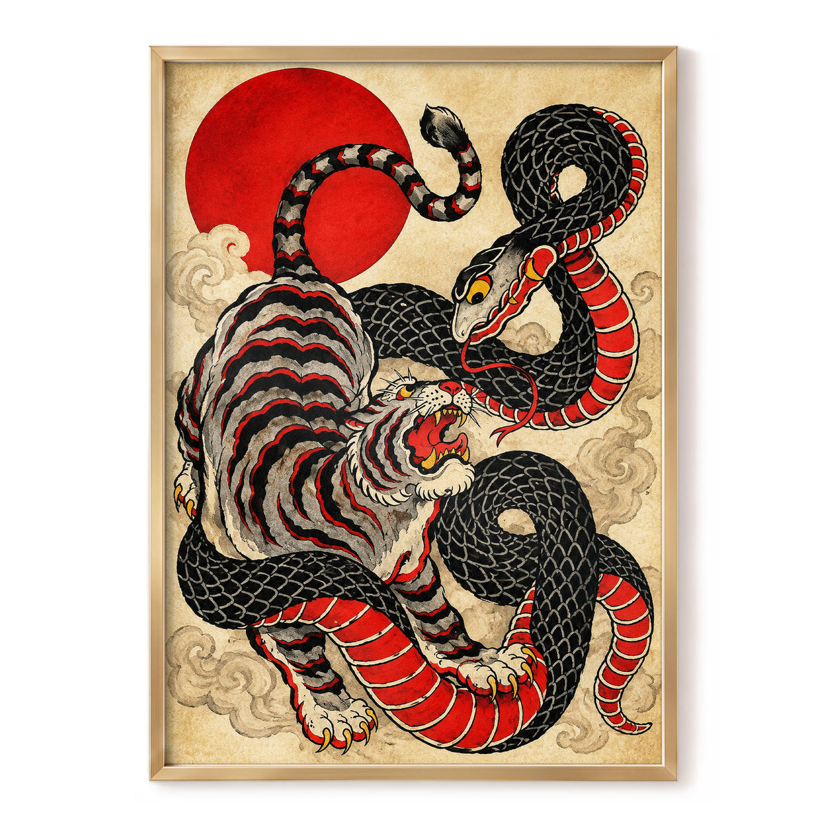 Crimson Coil Clash, black, red, beige nature wall art, front artwork view