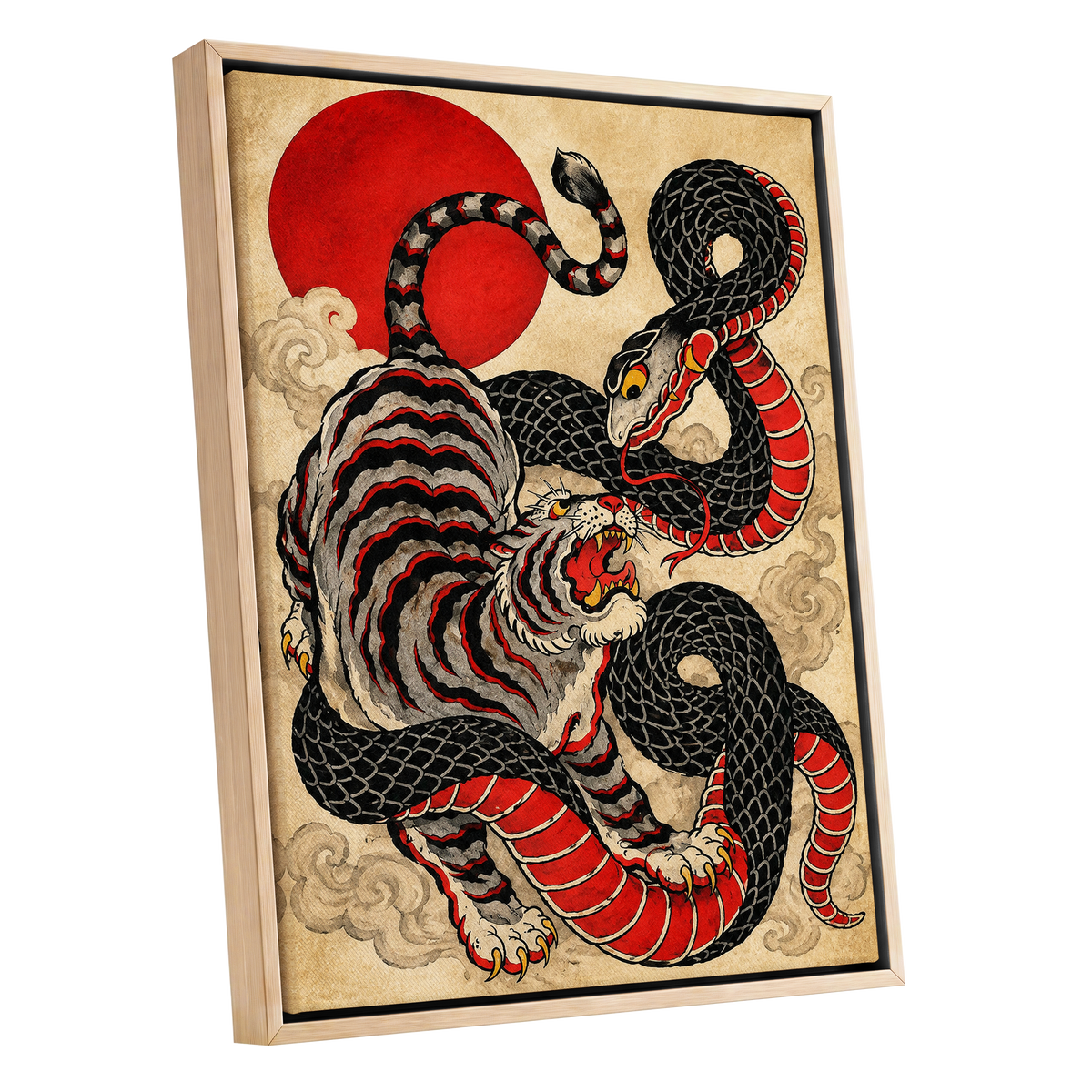 Crimson Coil Clash, black, red, beige nature wall art shown as a oak framed canvas wall art