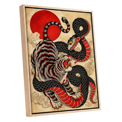Crimson Coil Clash, black, red, beige nature wall art shown as a oak framed canvas wall art