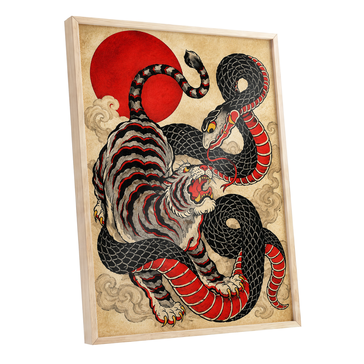 Crimson Coil Clash, black, red, beige nature wall art shown as a oak framed poster wall art print