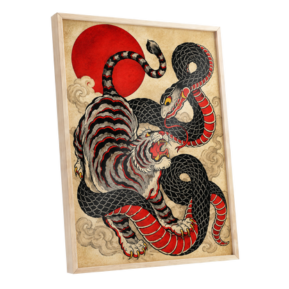 Crimson Coil Clash, black, red, beige nature wall art shown as a oak framed poster wall art print
