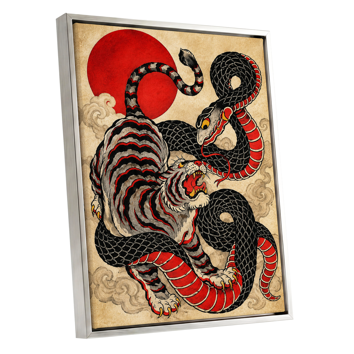 Crimson Coil Clash, black, red, beige nature wall art shown as a silver framed canvas wall art