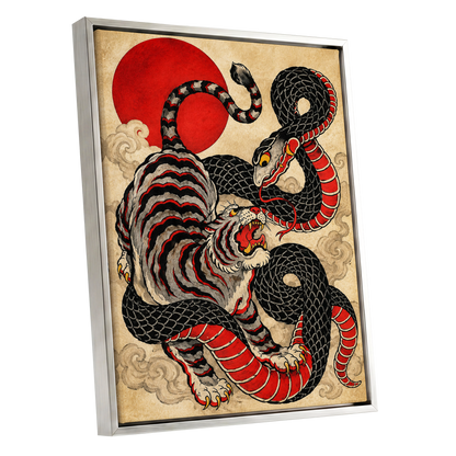 Crimson Coil Clash, black, red, beige nature wall art shown as a silver framed canvas wall art