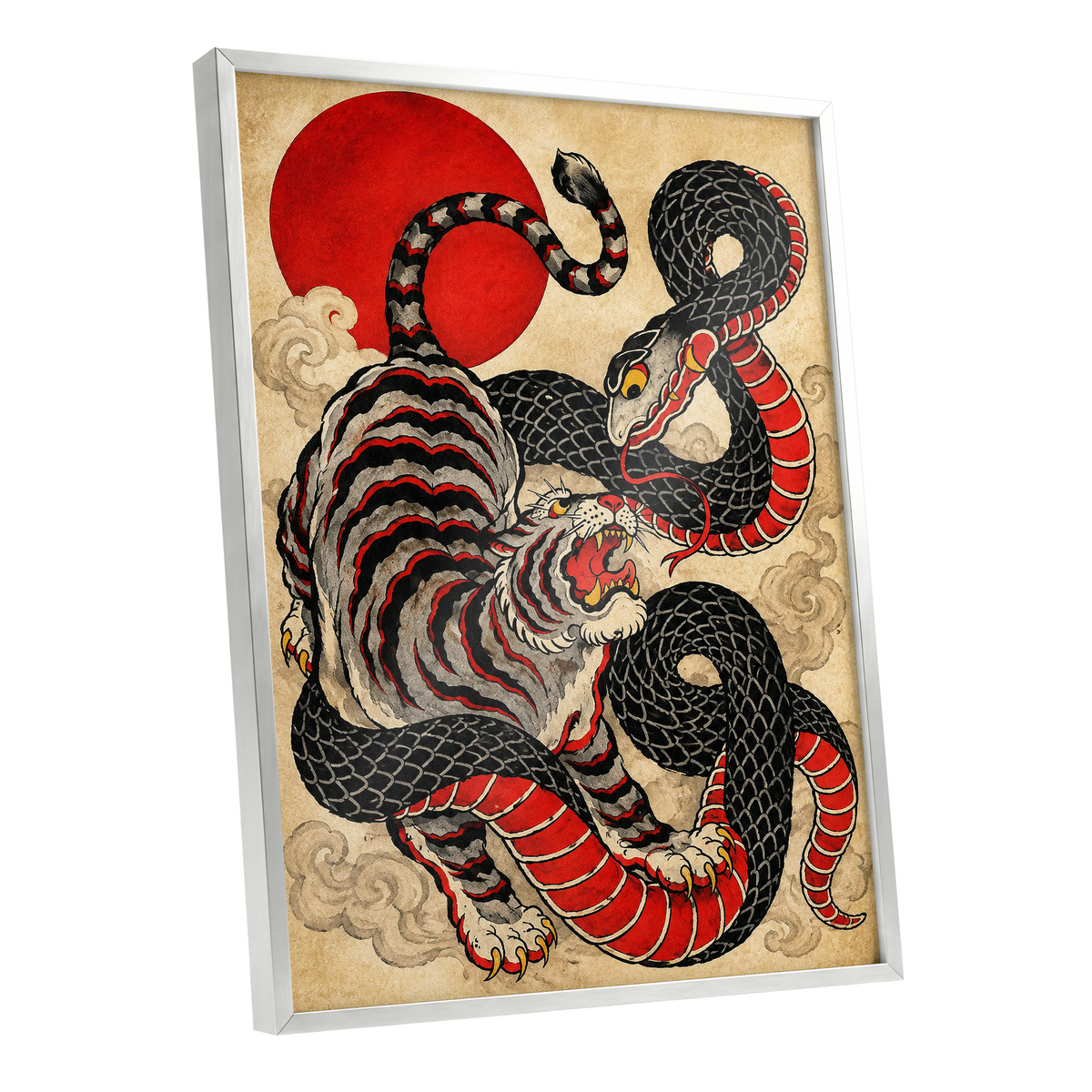 Crimson Coil Clash, black, red, beige nature wall art shown as a silver framed poster wall art print