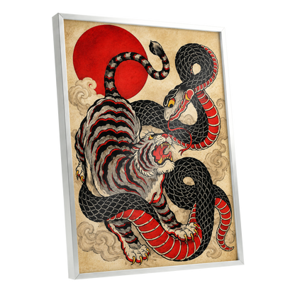 Crimson Coil Clash, black, red, beige nature wall art shown as a silver framed poster wall art print