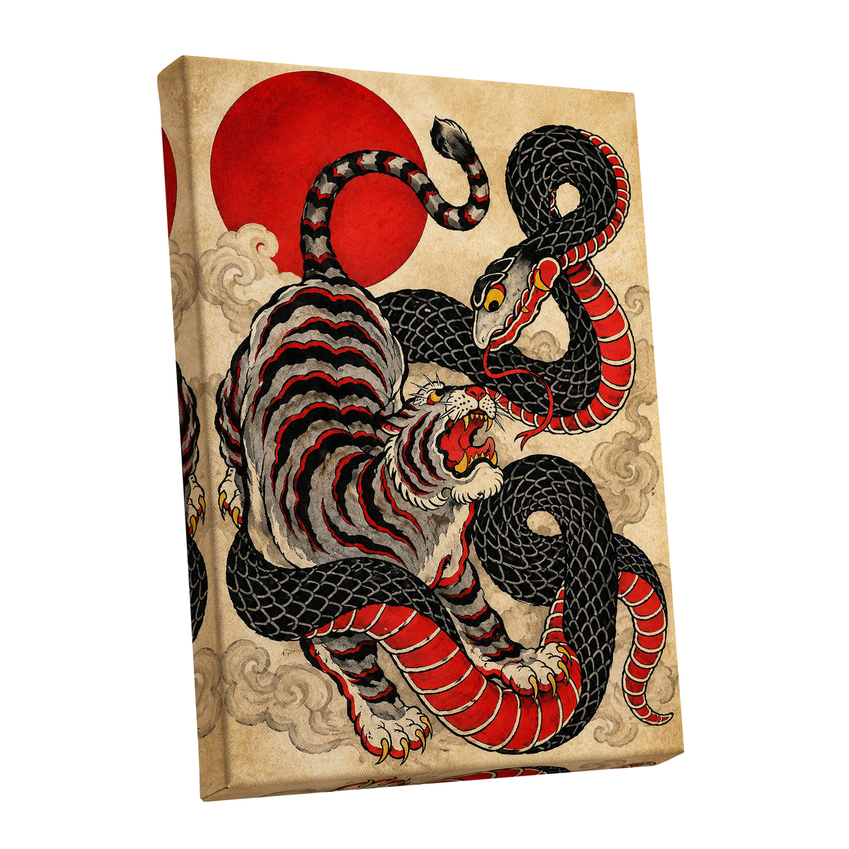 Crimson Coil Clash, black, red, beige nature wall art shown as a stretched canvas wall art