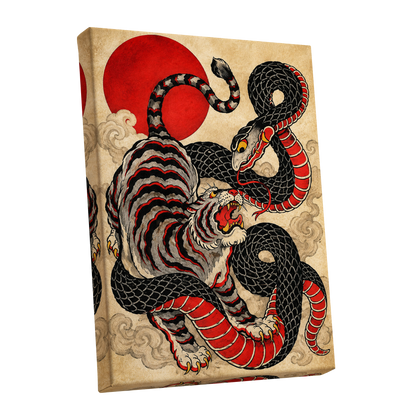 Crimson Coil Clash, black, red, beige nature wall art shown as a stretched canvas wall art
