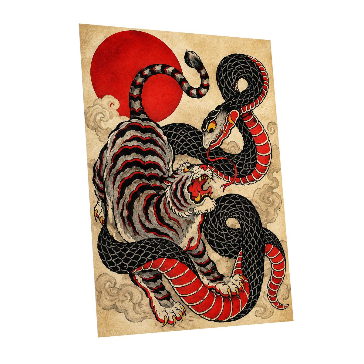Crimson Coil Clash, black, red, beige nature wall art shown as a unframed poster wall art print