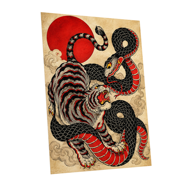 Crimson Coil Clash, black, red, beige nature wall art shown as a unframed poster wall art print