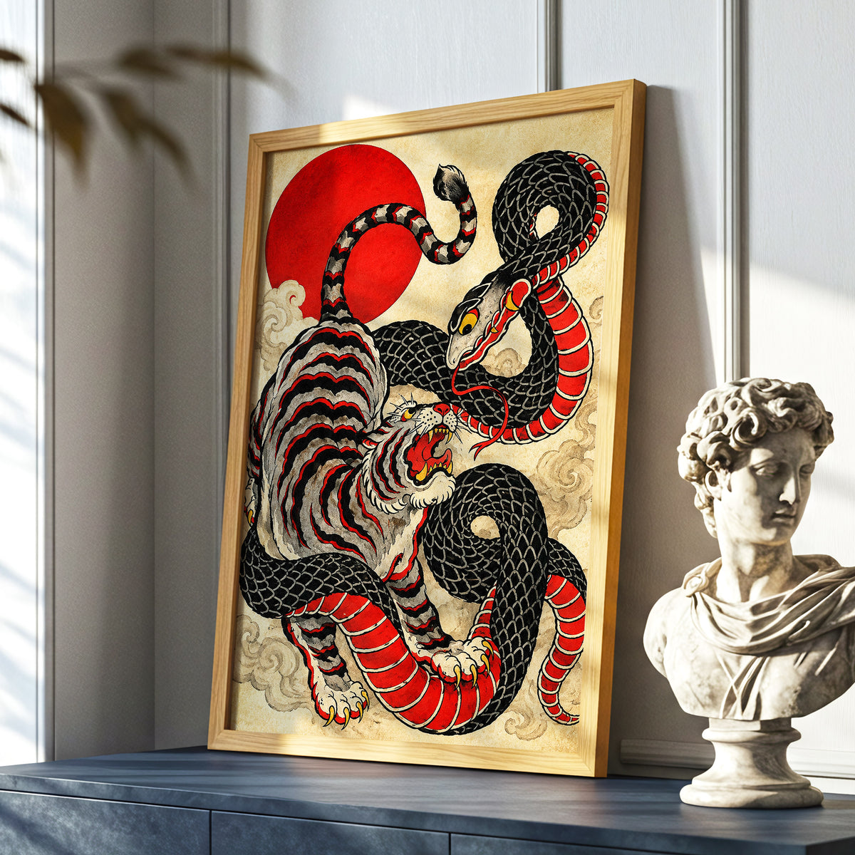 Crimson Coil Clash, black, red, beige nature wall art displayed in a styled interior, gallery view 2