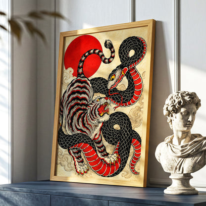 Crimson Coil Clash, black, red, beige nature wall art displayed in a styled interior, gallery view 2