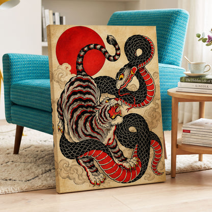 Crimson Coil Clash, black, red, beige nature wall art displayed in a styled interior, gallery view 3
